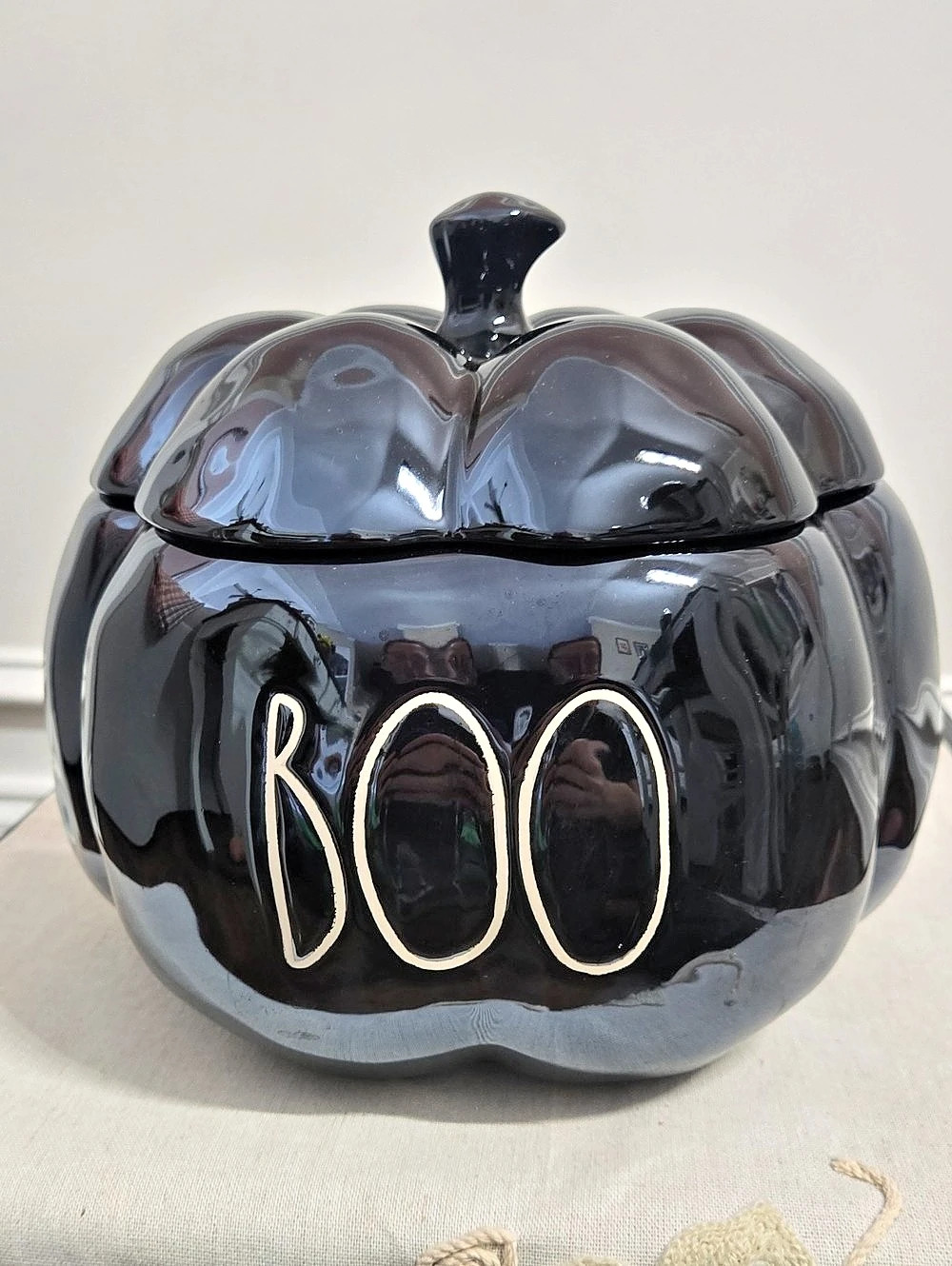 Rae Dunn Black Luster Boo Pumpkin Canister